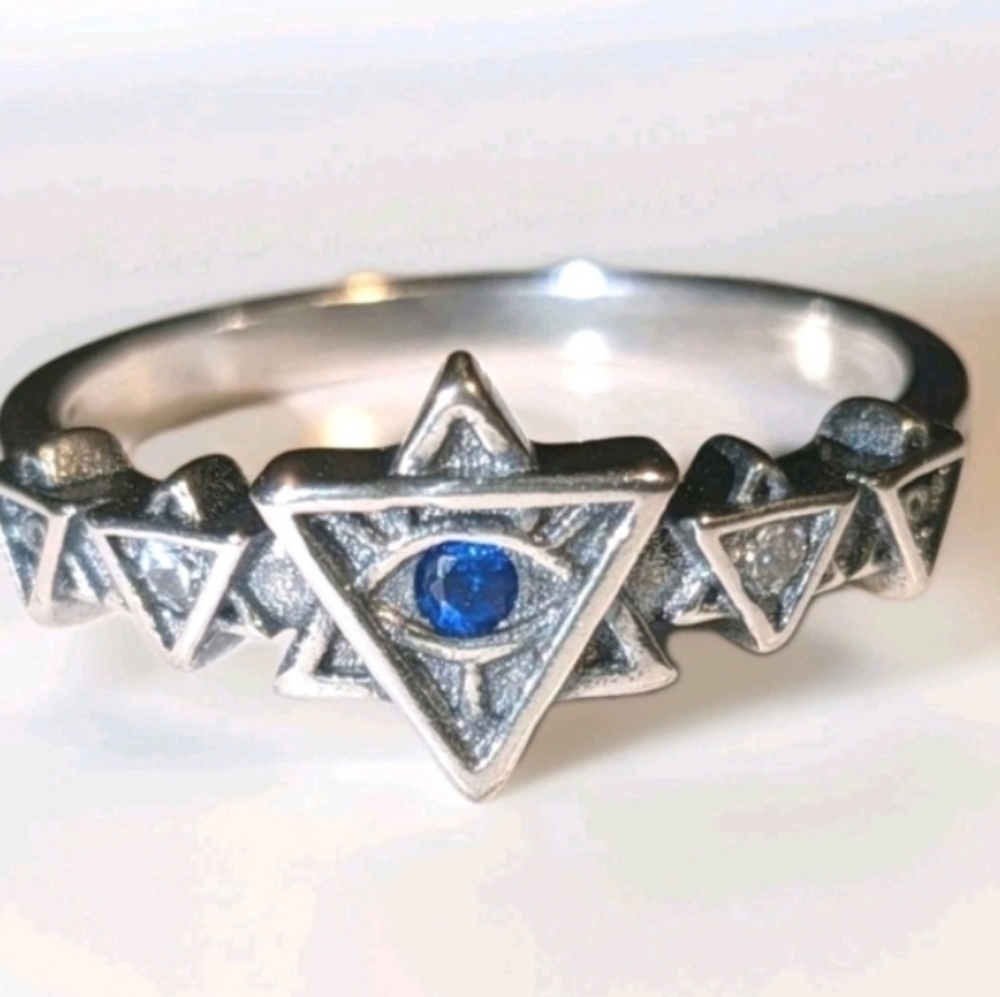 Ladies 925 Sterling Silver Blue Gemstone Triangle Evil Eye Ring Sz 6